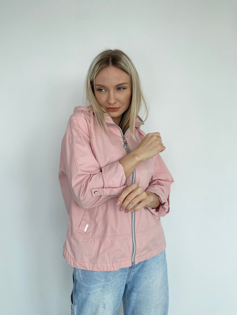 Ветровка женская из 100% хлопка, на молнии, со съёмным капюшоном, пудра