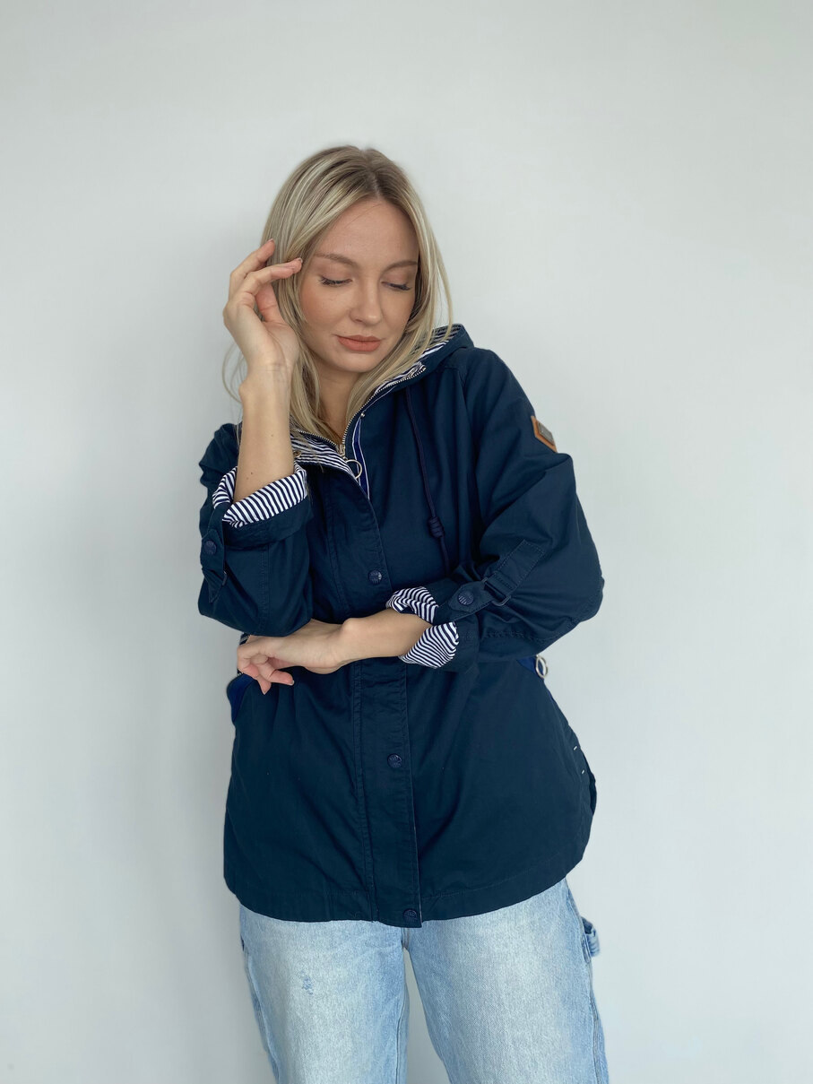 Женская ветровка на молнии, с капюшоном, 100% хлопок, тёмно-синий