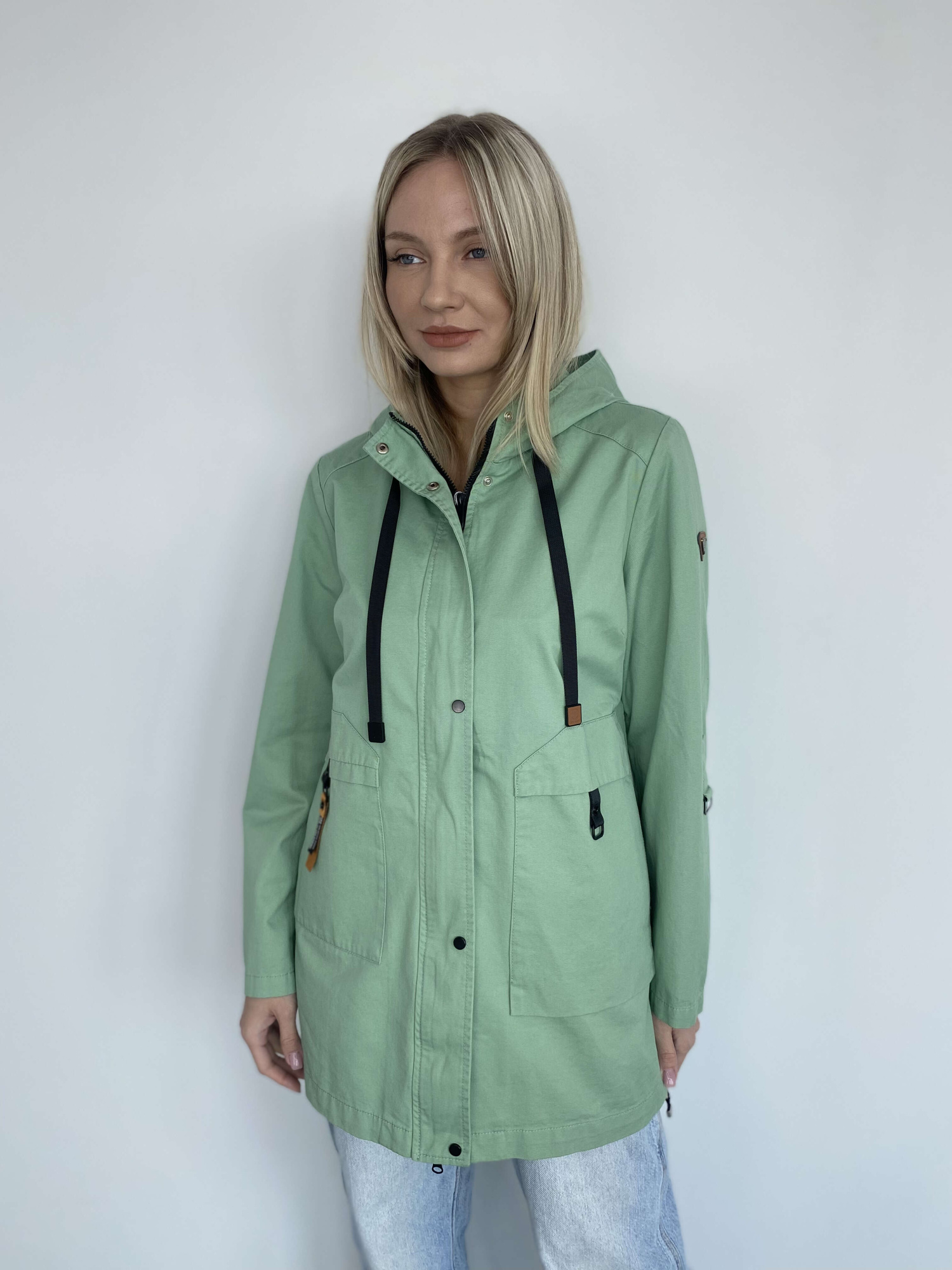 Стильная женская ветровка из 100% дышащего хлопка на молнии, с капюшоном, мята
