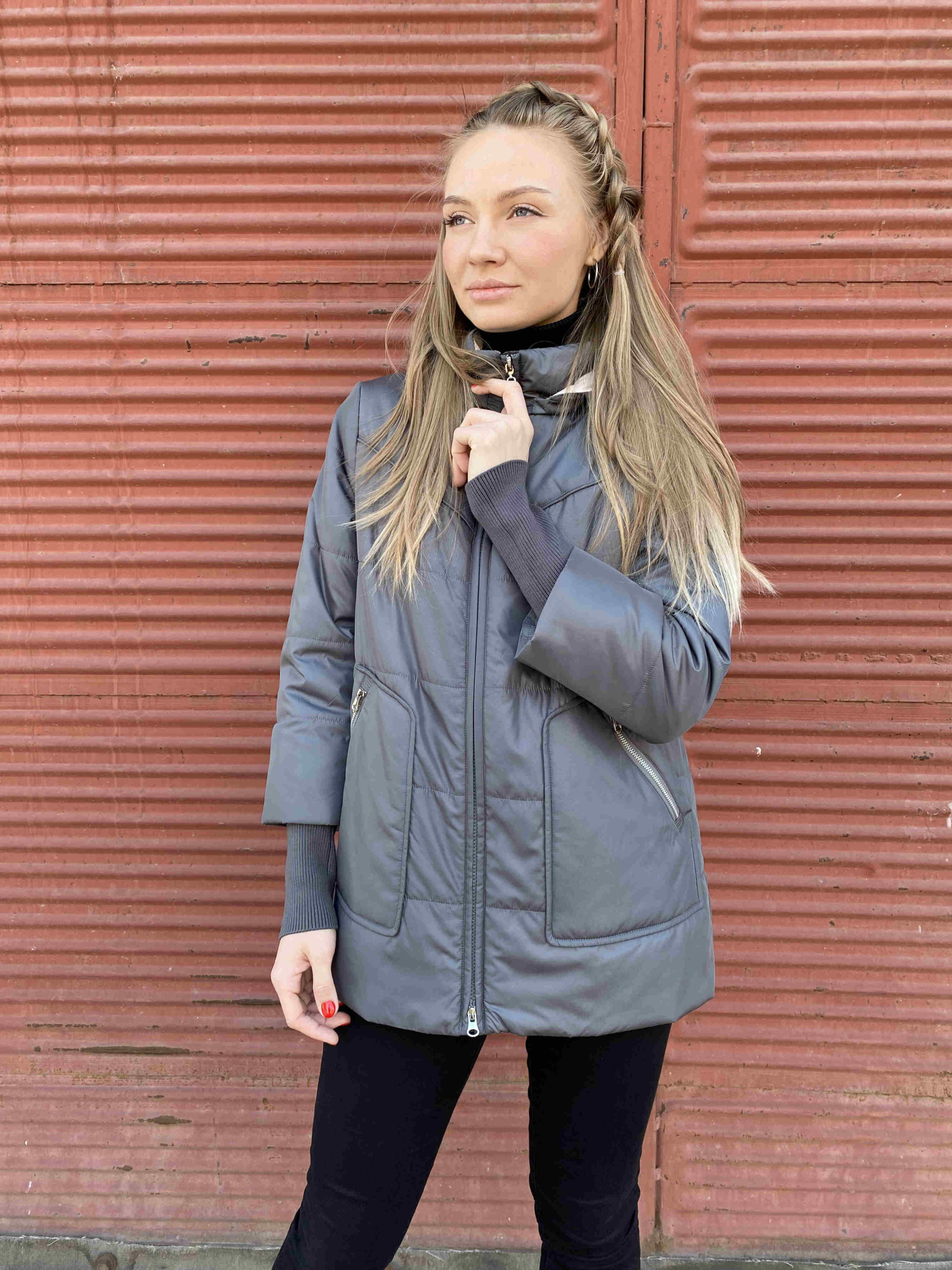 Куртка женская со съемным капюшоном рукав 7/8 серо-зеленый56