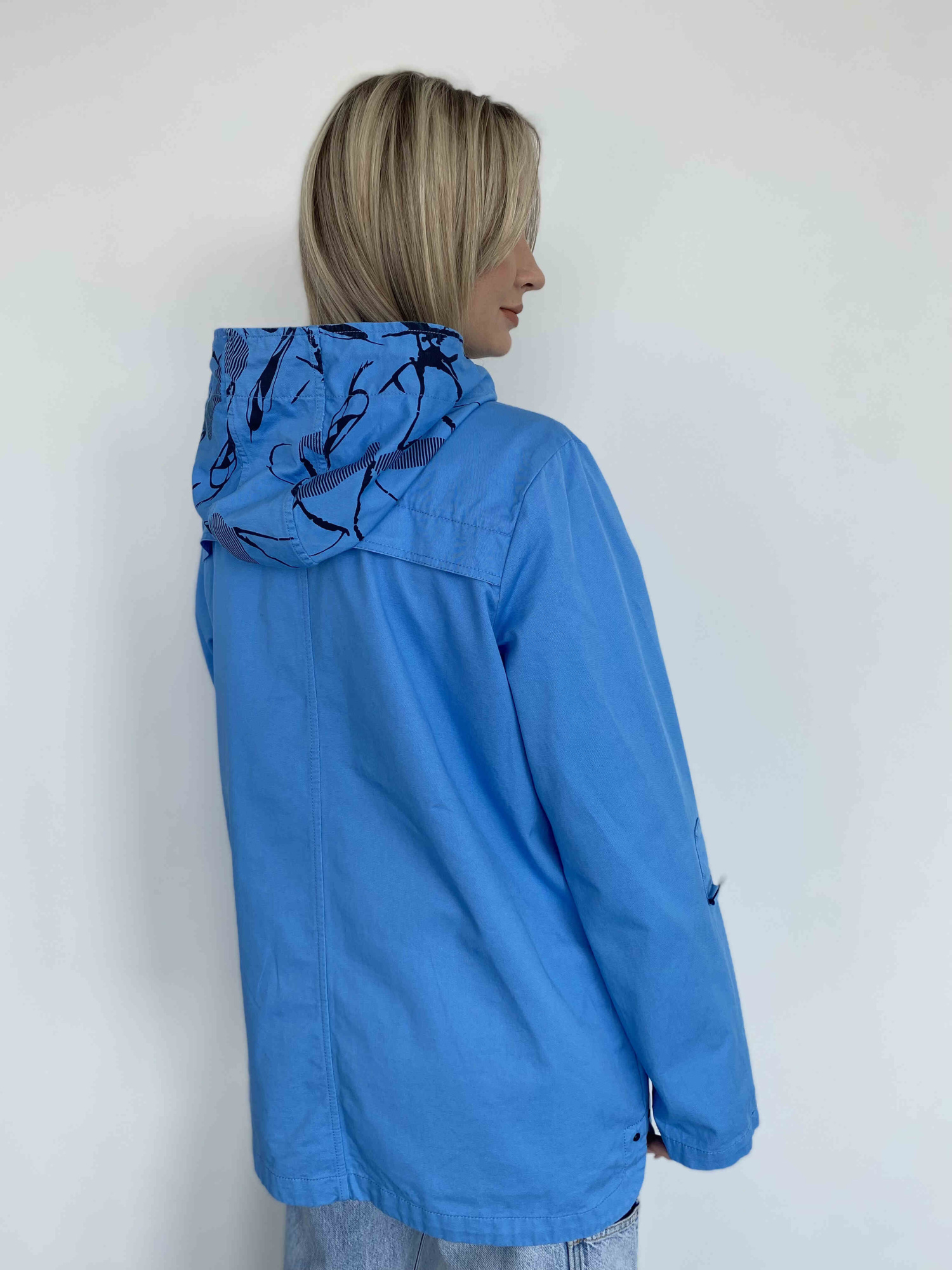 Женская ветровка из 100% дышащего хлопка на молнии, капюшон, голубой