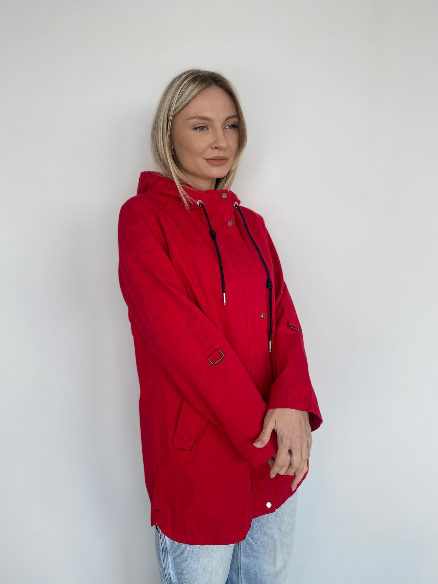 Стильная женская ветровка на молнии, с капюшоном, 100% хлопок, красный