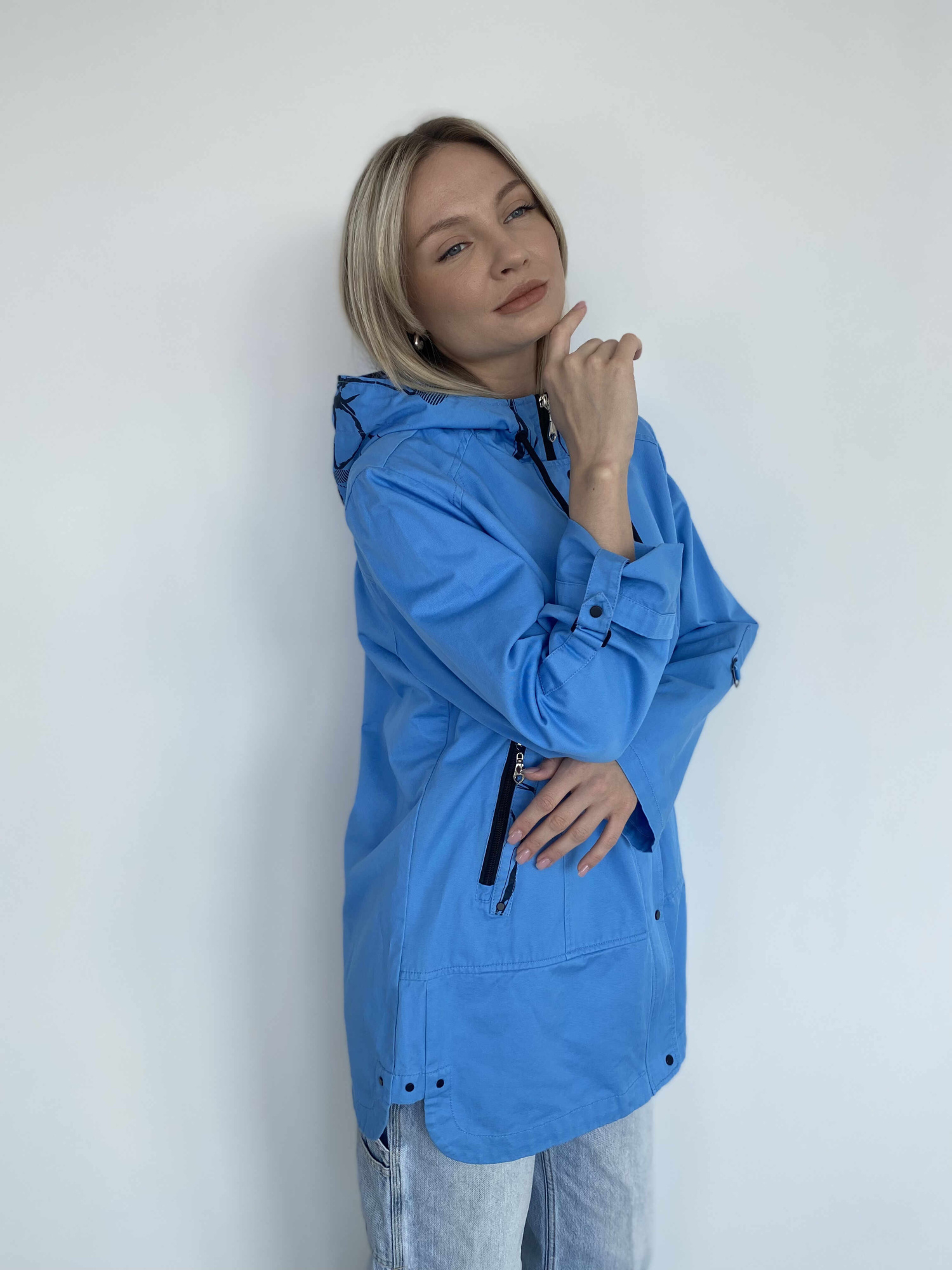 Женская ветровка из 100% дышащего хлопка на молнии, капюшон, голубой