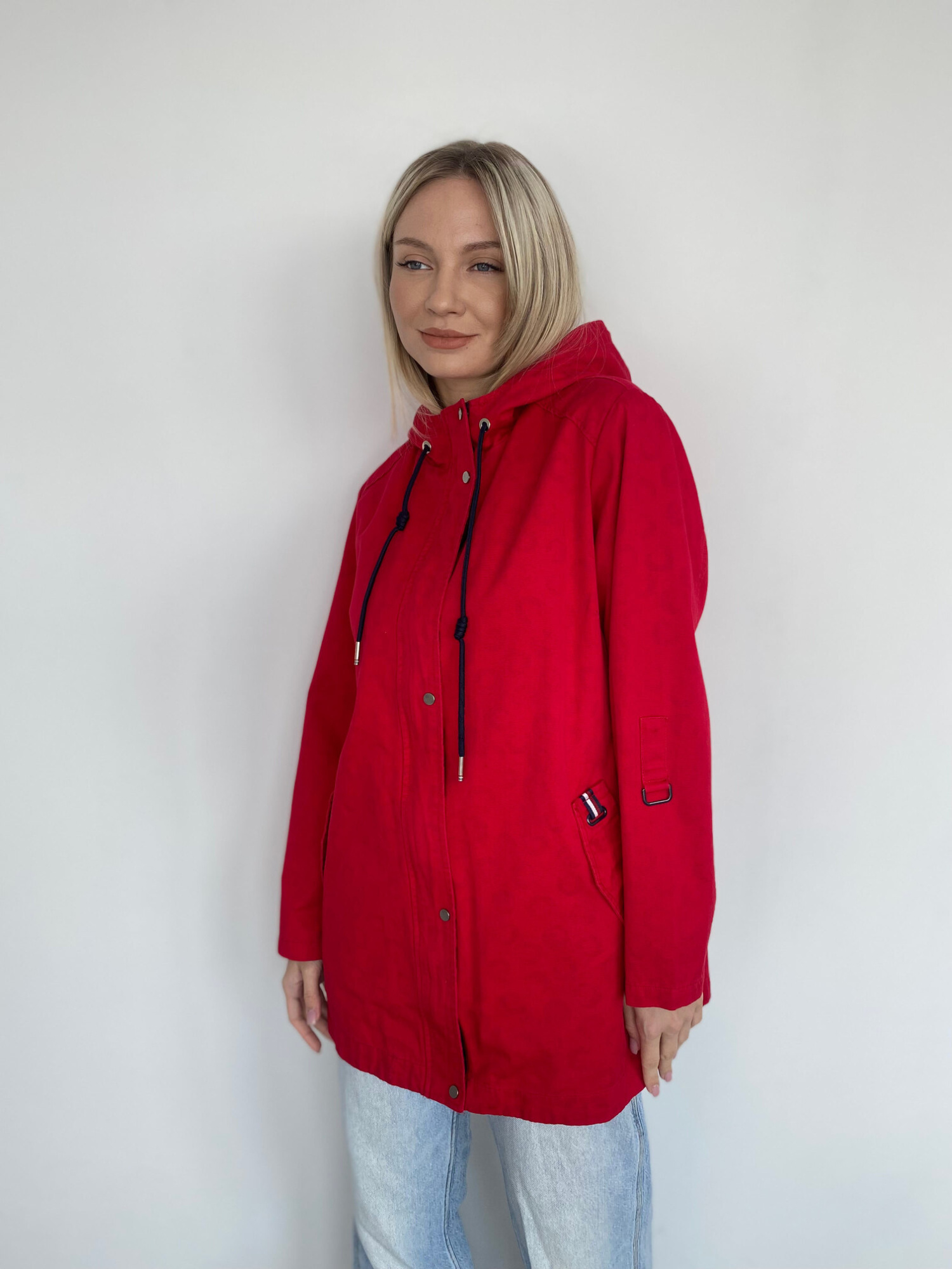 Стильная женская ветровка на молнии, с капюшоном, 100% хлопок, красный