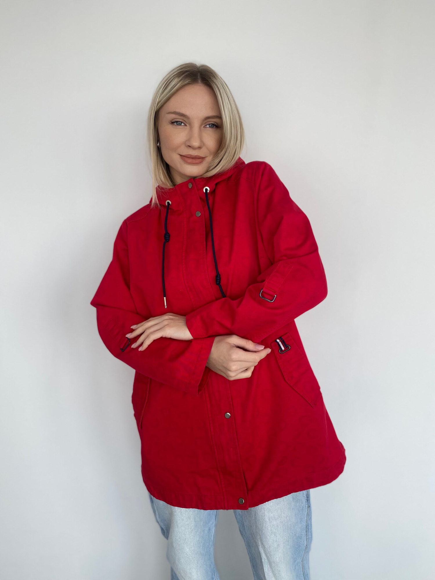 Стильная женская ветровка на молнии, с капюшоном, 100% хлопок, красный