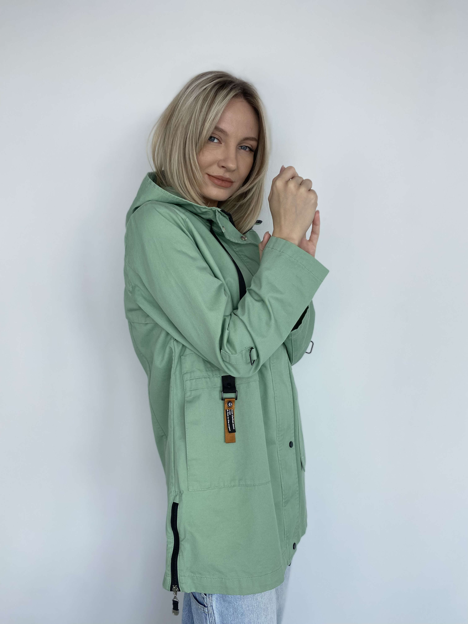 Стильная женская ветровка из 100% дышащего хлопка на молнии, с капюшоном, мята